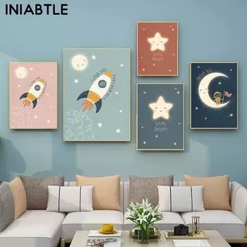 Ракетные звезды, луна, мультяшные постеры, принты, настенная живопись на холсте для детской комнаты, скандинавская картина для детской спальни, декор для детской комнаты 21cm30cm NoFrame