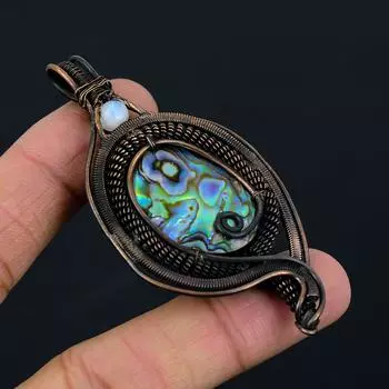 Раковина морского ушка, драгоценный камень лунного камня, чистая медная проволока, обернутая дизайнерской подвеской ручной работы, ювелирный подарок для нее 2.95 Inches зелёный