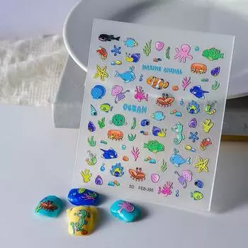 Раковина Звезда Океан Наклейки для ногтей Украшения для ногтей Дельфин Океан Желе Океан Наклейки для ногтей Женщины White-Embossed