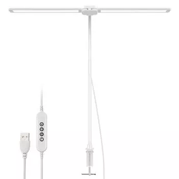 Rakuminyou Настольный светодиодный светильник с двойной головкой, зажим для стола, 13 Вт, высокая двойная подставка для источника света, 3 цвета, плавная регулировка яркости, зажим для стола, простой рабочий стол, столешница для спальни, простой