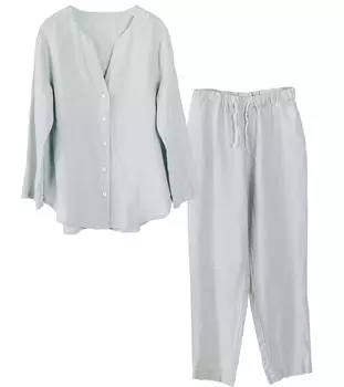 RAKUYUME Льняной длинный однотонный открытый домашний костюм, Женская пижама, Рукав, 100% лен, Домашняя одежда, Весна, Лето, Осень, Цвет, Спереди, Милый, Без воротника, серый