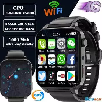 Ram 4 ГБ Rom 64 ГБ 1,99 дюйма 4G Call Smart Watch GPS Wifi Sim Двойная камера Heart Rate Testing Водонепроницаемые спортивные мужские Smartwatch 2GB RAB 16GB ROM