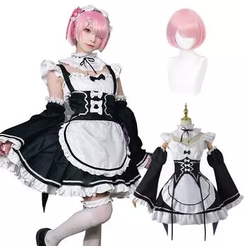 Ram Косплей с розовыми волосами Re Zero Косплей Взрослые Культурные мероприятия Сценическая одежда Ram косплей Ram [Kamizu Ryohin] Парик, Короткий, Костюм, Костюм, Фестиваль,