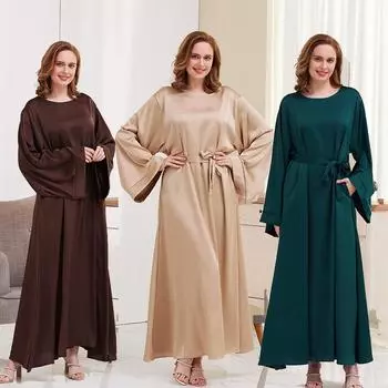 Рамадан Атласная Абая Дубай Кафтан Мусульманское женское платье макси Джилбаб Вечернее платье Халат xxl