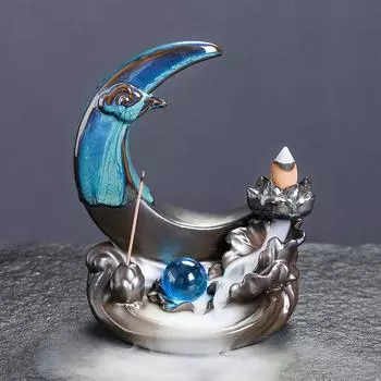 Ramadan Creative Moon and Lotus Leaf Ceramic Incense Burner with Backflow Function for Calming and Relaxing (Without Incense)