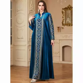 Рамадан Ид Джалабия Мусульманское платье Дубайская вечеринка Vestidos Вышитые арабские длинные халаты Марокко Саудовская Абайя Кафтан Исламские платья XXL синий