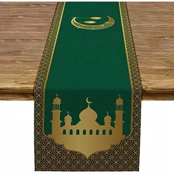 Рамадан Ид Мубарак Льняная скатерть Исламский фестиваль Украшение стола Мусульманская вечеринка Декор Скатерть для дома Кухня Столовая 150x33cm 59x13inch