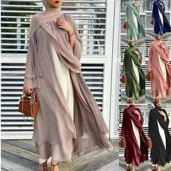 Рамадан Исламская Абая Кимоно женское мусульманское платье макси Дубай Турция Ислам Кафтан Кардиган Шифон Открытые женские вечерние длинные платья Дубай Скромная одежда S