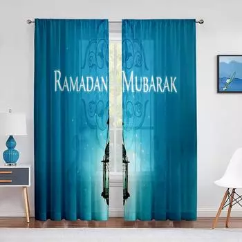Рамадан Мубарак Прозрачная вуаль Шторы Мусульманский Ид Мубарак Окно Тюль Шторы для кухни Гостиная Спальня Современное украшение 1 PCS W100XH250cm&Rod Pocket