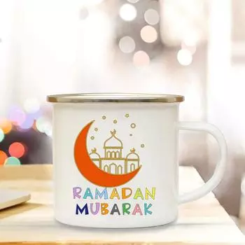 Ramadan Mubarak White Enamel Mug Eid Gift Drink Water Coffee and Tea Mug Eid Cups for Dad Mom and Family A Nice Little Gift 360ml