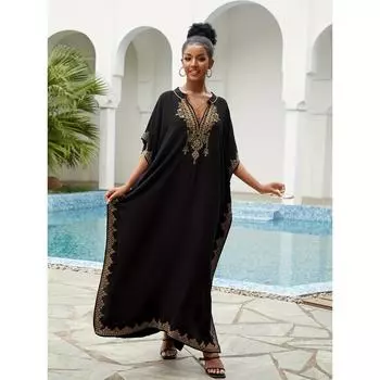 Рамадан Платье-кафтан в стиле бохо больших размеров, женское платье макси с золотой вышивкой и рукавами «летучая мышь» с вырезом на шее One-size чёрный