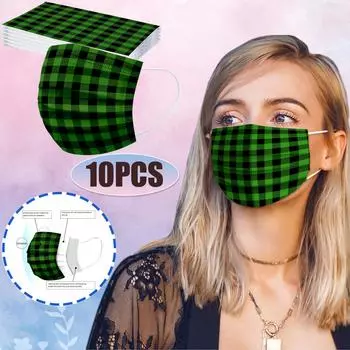 Ramidos 10PC Маска с принтом для взрослых Одноразовая маска для лица Промышленная 3-слойная ушная петля One Size зелёный