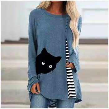 Ramidos 2020 Новая модная женская рубашка в клетку в полоску с принтом кошки и длинными рукавами XXL темно-синий