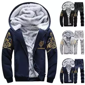 Ramidos Мужская толстовка с капюшоном Зимний теплый флисовый свитер на молнии Куртка Верхняя одежда Пальто Топ Брюки Наборы L чёрный