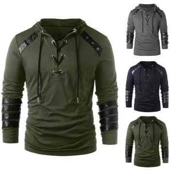 Ramidos мужские зимние винтажные кожаные лоскутные топы с капюшоном и длинными рукавами на шнуровке, блузки XL чёрный