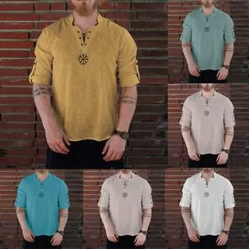 Ramidos Мужской летний модный индивидуальный топ из хлопка и льна с длинными рукавами XXXL хаки