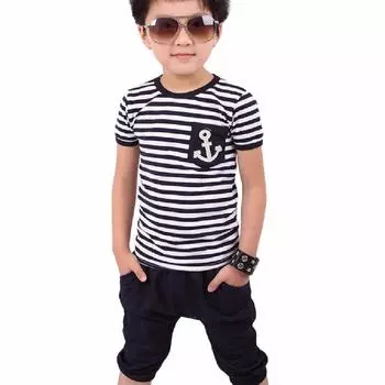 Ramidos новая летняя детская одежда для мальчиков, темно-синяя полосатая футболка и брючные костюмы, 140 One Size синий