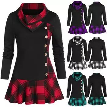 Ramidos Плюс Размер Женская Мода Пуговицы Капюшон Шея Длинный Рукав Пэчворк Плиада Печати Топы S красный