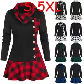 Ramidos Плюс Размер Женская Мода Пуговицы Капюшон Шея Длинный Рукав Пэчворк Плиада Печати Топы XL зелёный