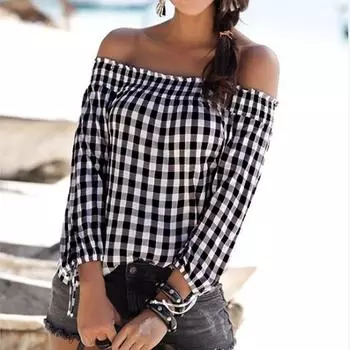Ramidos Сексуальная женская рубашка с открытыми плечами и длинными рукавами, повседневная свободная клетчатая блузка в клетку M чёрный
