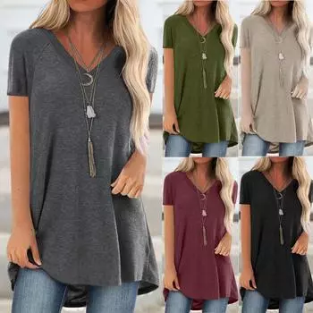 Ramidos женская мода плюс размер принт V-образный вырез с короткими рукавами длинная футболка блузка S чёрный