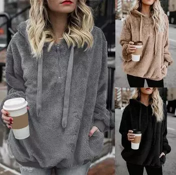 Ramidos женские большие размеры пушистая верхняя одежда на пуговицах с длинными рукавами пуловеры толстовки с капюшоном XL чёрный