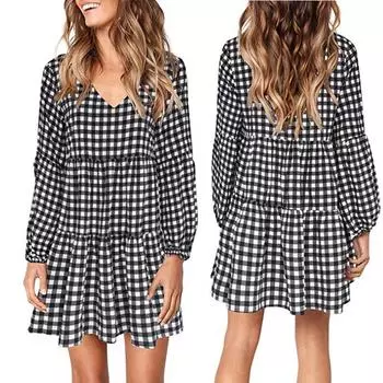 Ramidos Женское модное решетчатое платье с длинным рукавом и v-образным вырезом, драпированное струящееся свободное платье S чёрный