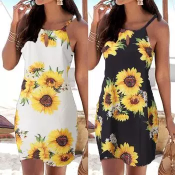 Ramidos женское повседневное мини-пляжное платье без рукавов с бретелькой на шее в стиле бохо и принтом сарафан S белый