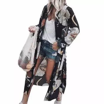 Ramidos женское шифоновое длинное пальто с принтом лотоса, топы, костюм, кимоно, пляжный халат