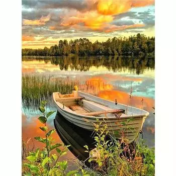 Рамка Алмазная картина Деревянная лодка Полный круглый вышивка Пейзажная мозаика Ручная работа Домашнее украшение 30x40 см 30x40cm NO Frame