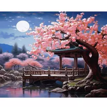 Рамка для изображения по номерам Розовое дерево Фантастический дом Пейзаж Картина по номерам на холсте для взрослых Украшение дома Подарок 40x50 см 40x50cm NO Frame