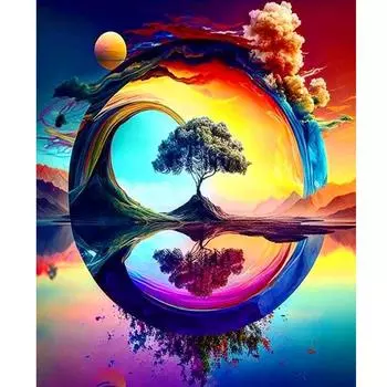 Рамка для рисования по номерам для взрослых, наборы, отражение волны, дерево, пейзаж, рисунок на холсте, картина, ручная роспись для украшения дома 40x50 40x50cm NO Frame