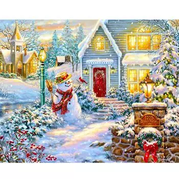 Рамка для рисования по номерам для взрослых, наборы, снеговик, дом, пейзаж, настенная художественная картина, цифры на Рождество, украшение для дома 40x50 см 40x50cm NO Frame
