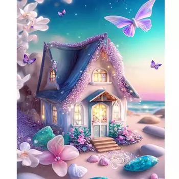 Рамка для рисования по номерам для взрослых. Стартовые наборы. Приморский домик и пейзаж с бабочками. Картина с номерами для украшения дома. 40х50. 40x50cm NO Frame