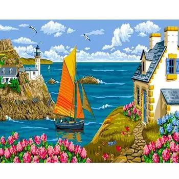 Рамка для рисования по номерам для взрослых, наборы «Лодка на море», пейзаж, настенная художественная картина, цифры для украшения дома 40x50 см 40x50cm NO Frame