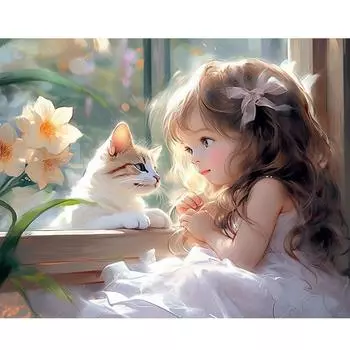 Рамка для рисования по номерам, картина с котом и девочкой, рисунок по номерам, искусство для взрослых, подарок «сделай сам», 40x50 см 40x50cm NO Frame