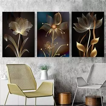 Рамка из цельного дерева 2022, модный черный золотой цветок, холст, живопись, постеры и принты, настенная художественная картина для гостиной, домашний декор, Cuadros Para Salon 15*20cm(with frame)