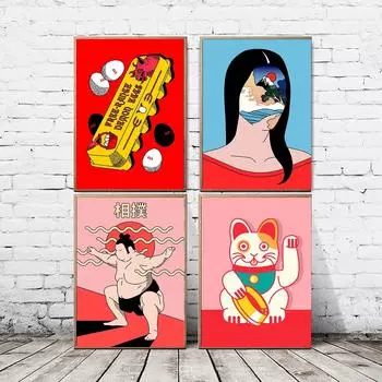 Рамка из цельного дерева Абстрактная японская девушка и кошка Пейзаж Настенное искусство Скандинавская картина на холсте Плакаты Печатает фотографии Современная гостиная Домашний декор 15*20cm(with frame)