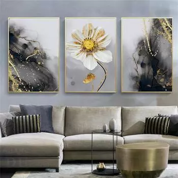 Рамка из цельного дерева, абстрактная золотая фольга, цветок, холст, картина, черный, золотой, роскошный плакат, чернила, скандинавские настенные художественные принты, картина для гостиной, домашний декор 15*20cm(with frame)