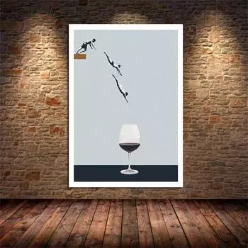 Рамка из цельного дерева, абстрактные скандинавские постеры и принты, плавающие бокалы для вина, холст, картины, настенные художественные картины для гостиной, украшения дома 15*20cm(with frame)