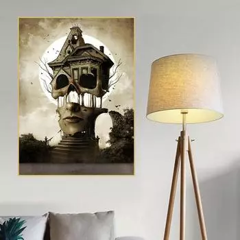 Рамка из цельного дерева, абстрактный дом в форме человека, дом для животных, сюрреалистический холст, живопись, постеры и принты, настенная художественная картина для гостиной, домашний декор 15*20cm(with frame)