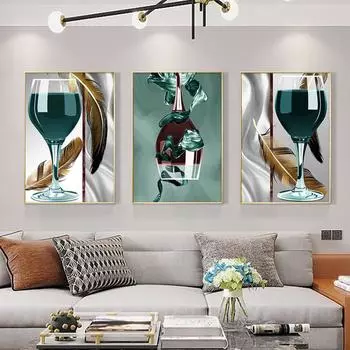 Рамка из цельного дерева, абстрактный красный, зеленый бокал для вина с перьями, холст, живопись, скандинавские постеры и принты, картина Cuadros для гостиной, домашний декор 15*20cm(with frame)