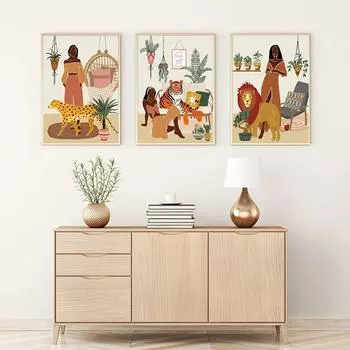 Рамка из цельного дерева Афро-Американский женский принт в стиле бохо Черная девушка Плакат Джунгли Леди Холст Картина Растение Animail Настенная картина Декор в гостиную 15*20cm(with frame)