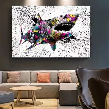 Рамка из цельного дерева, акварельная акула, граффити, холст, постеры и принты, настенная живопись для детской комнаты, гостиной, украшения дома 15*20cm(with frame)