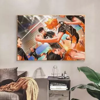 Рамка из цельного дерева, аниме Haikyuu, постеры, волейбольный мальчик, холст, картины, японские мультяшные фигурки, настенные художественные картины для гостиной 15*20cm(with frame)