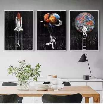 Рамка из цельного дерева Астронавт Космический лимит Картина Холст Космическая улица Граффити Искусство Ракетные постеры Печать Настенные художественные фотографии Гостиная Домашний декор 15*20cm(with frame)
