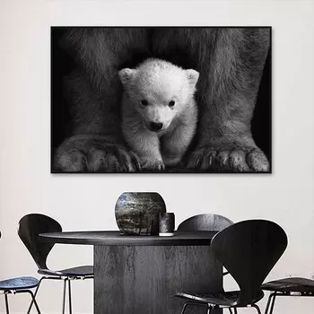 Рамка из цельного дерева, белый медведь, черно-белая картина на холсте, постеры с животными и принты, настенная картина для Cuadros, домашний декор для гостиной 20*30cm(with frame)