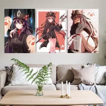 Рамка из цельного дерева Genshin Impact Hu Tao, игровой постер, аниме-плакаты, холст, живопись, настенные постеры, настенная живопись, украшение для дома 15*20cm(with frame)