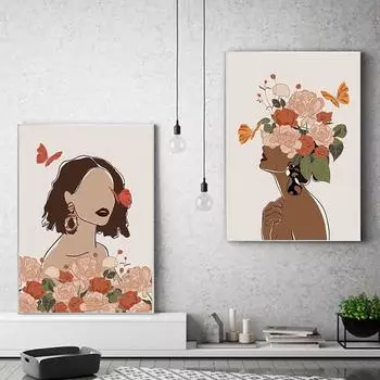 Рамка из цельного дерева, голова цветка, женщина, печать плакатов, бохо, черная девушка, модная настенная живопись на холсте, скандинавская декоративная картина, декор для гостиной 15*20cm(with frame)
