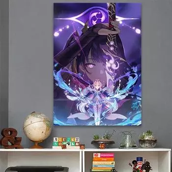 Рамка из цельного дерева, горячая аниме-игра Raiden Ei Genshin Impact, украшение на холсте, принты, плакат, настенные картины, декор для гостиной, спальни, художественная живопись 15*20cm(with frame)